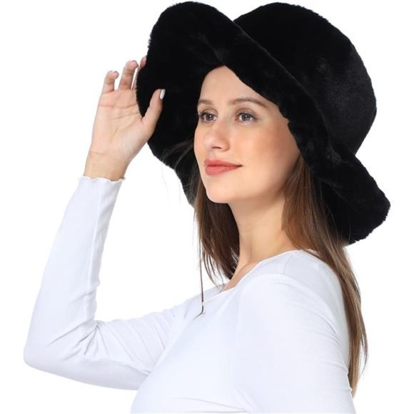 Women\'s Faux Fur Bucket Hat Winter Warmer Cap, Black main image 6